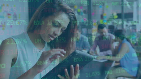 Woman Analyzing Data with Tablet in Modern Office