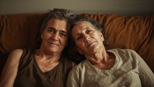 Senior women sharing quiet intimacy resting together on sofa with warm light