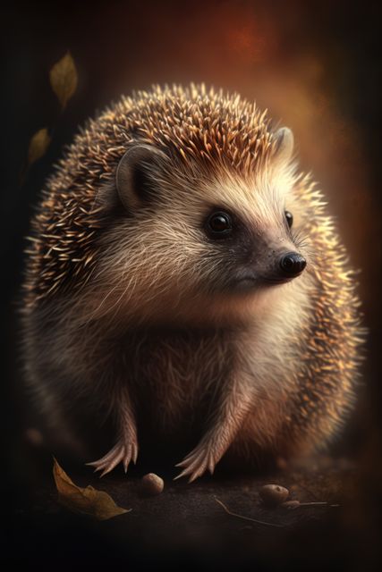 Charming close-up of a hedgehog standing on a forest floor in warm autumn light. Ideal for wildlife websites, nature blogs, educational materials, and seasonal marketing materials emphasizing autumn themes.