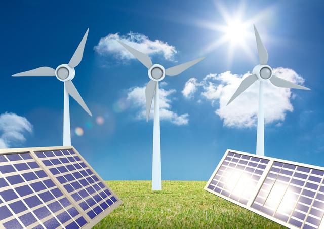 This image shows solar panels and wind turbines on green grass under a bright sun, symbolizing renewable energy and sustainability. Ideal for use in articles, presentations, and websites focused on clean energy, environmental conservation, and green technology.