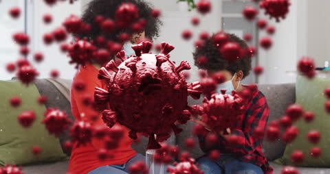 Mother and Son with Masks Amid Animated Virus Cells