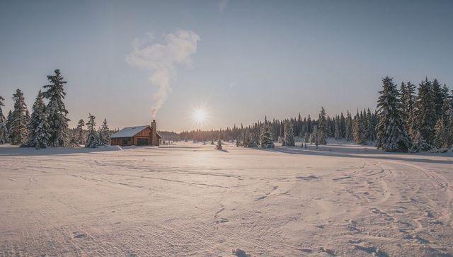 Sun rising over remote cabin in snowfield with smoking chimney and ski tracks