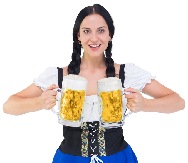 Smiling Woman in Traditional Bavarian Costume Holding Beer Mugs on Transparent Background - Download Free Stock Videos Pikwizard.com