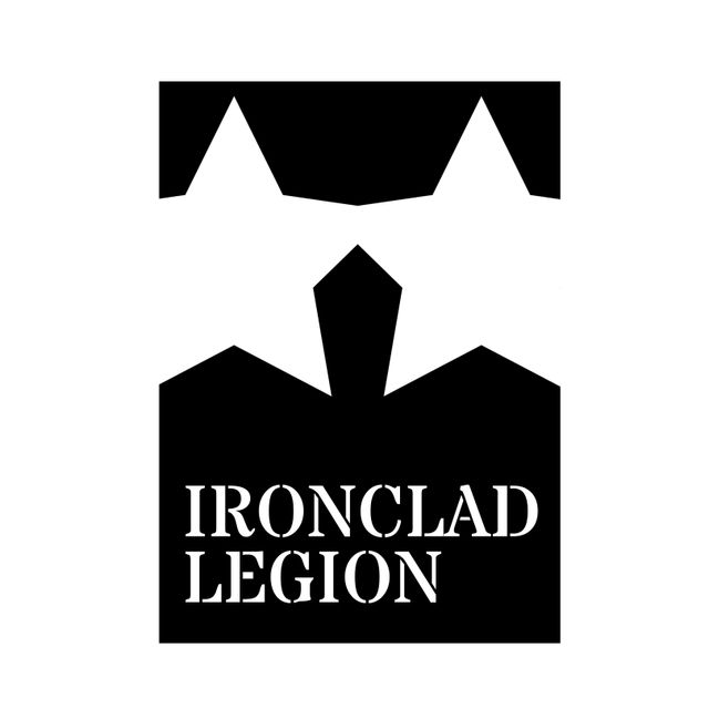 Ironclad Legion emblem featuring two white stars against a black background, with Ironclad Legion text below. Ideal for branding purposes, military-themed events, stronghold organizations, merchandise design, and creating a distinctive visual identity.
