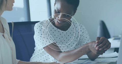 Businesswomen Collaborating with Digital Interface Effects