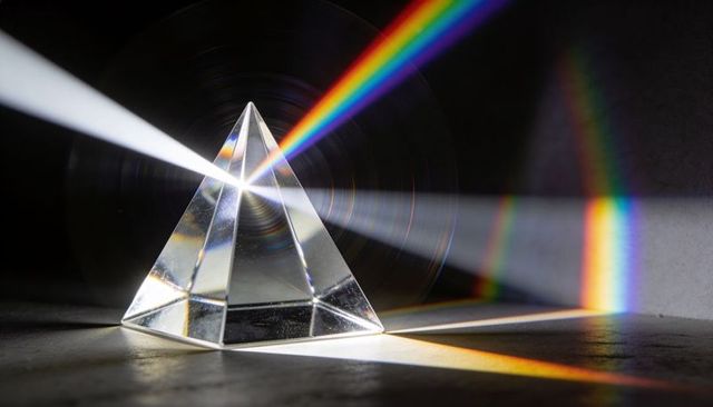 Crystal pyramid prism refracting white light into vivid rainbow spectrum and rays