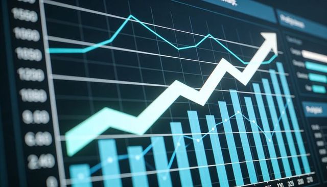 Financial dashboard showing rising arrow over teal bar chart and cyan line analytics