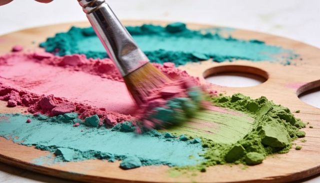 Vibrant pigment blending on wooden palette with flat brush sweeping teal pink green