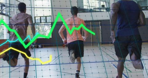 Athletes sprinting in gym overlayed with performance graphs