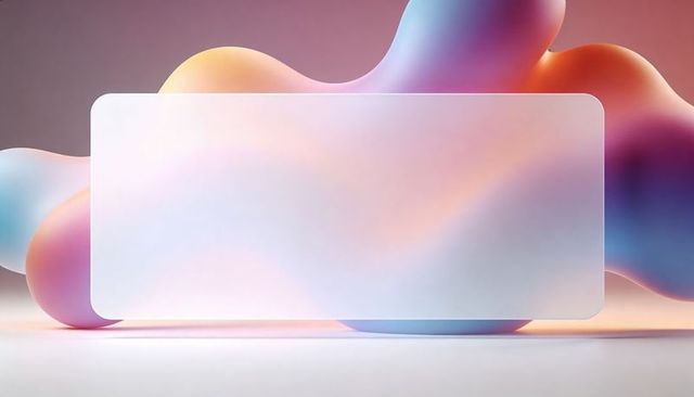 Frosted glass rounded-rectangle panel glowing over pastel gradient blobs minimal background