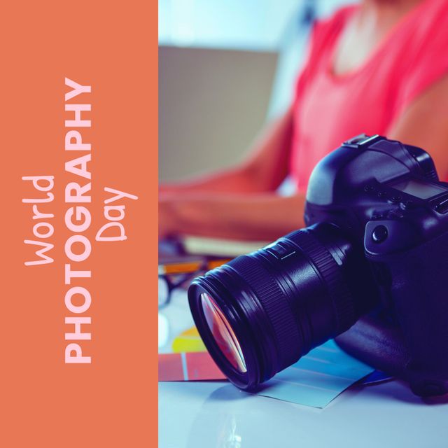 Perfect for blogs, articles, and social media content on World Photography Day. Illustrates professional photography equipment on a desk, with a focus on creativity and passion for the craft.