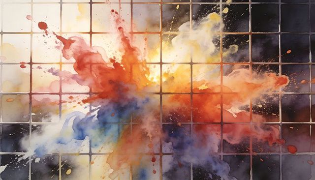 Radiating vivid paint splash over gridded tile mosaic, watercolor burst, iridescent
