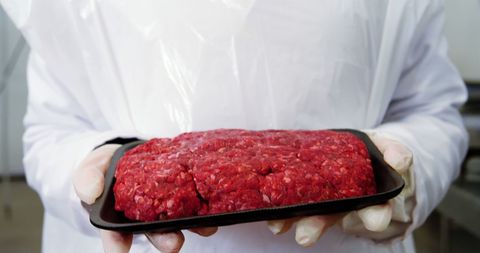 Worker Displaying Fresh Ground Beef in Factory - Download Free Stock Images Pikwizard.com