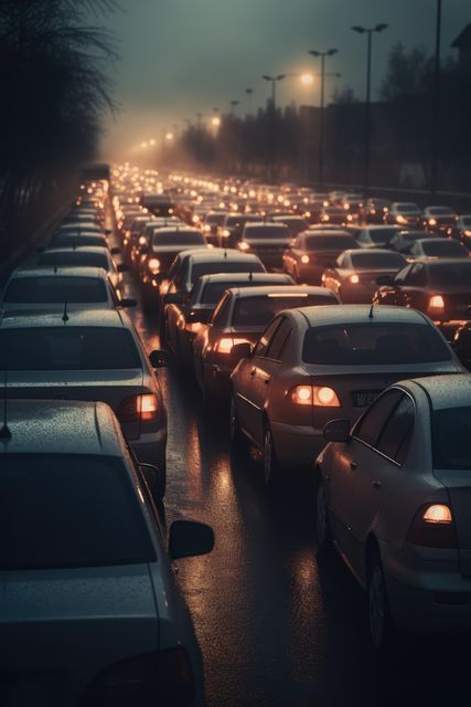 Long Traffic Jam During Evening Rainfall on Wet Road - Download Free Stock Images Pikwizard.com