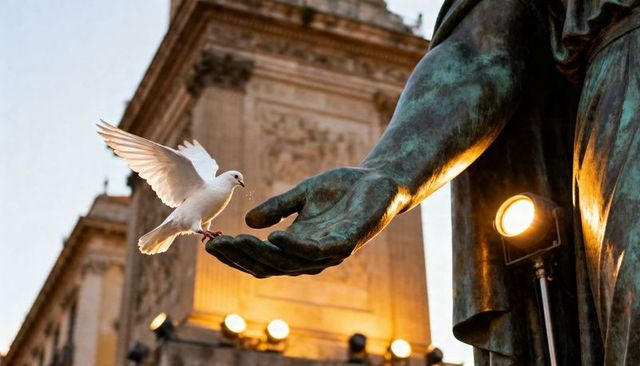 White dove landing on bronze statue hand at golden hour urban plaza with warm spotlights