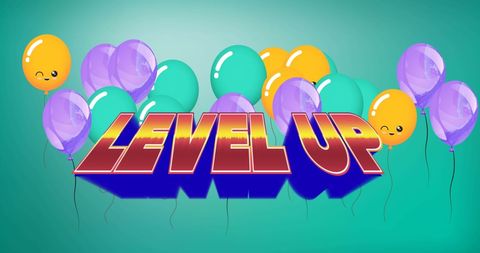 Colorful Level Up Celebration with Balloons on Green Background