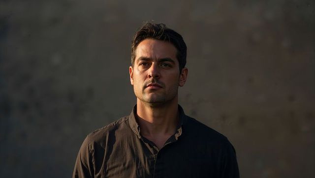 Moody golden-hour young male headshot facing forward on textured brown-gray wall, confident