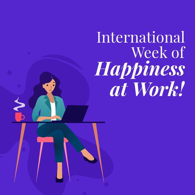 Vector image of businesswoman working with international week of happiness at work text, copy space. Blue background, workplace, celebration, employee happiness are integral to business's success.