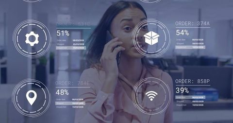 Office Manager Communicating via Smartphone with Digital Data Overlays