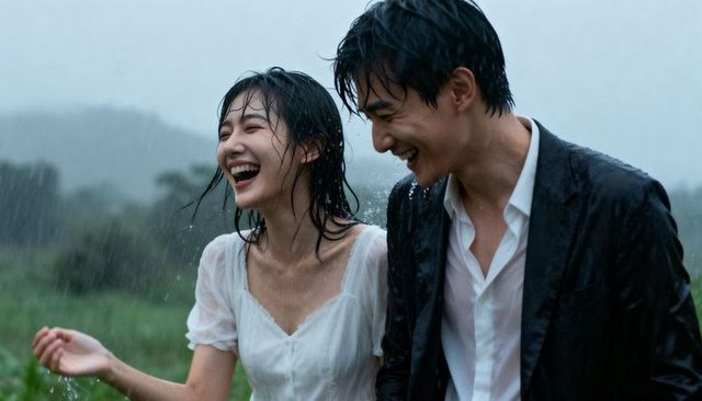 Laughing young couple dancing in warm summer rain in grassy countryside meadow