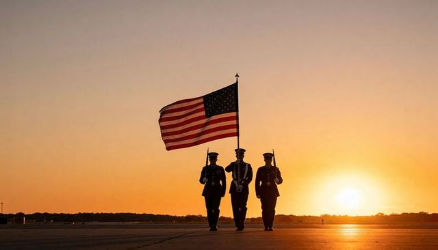 American honor guard ceremonial marching at sunset carrying flag and rifles on airport runway