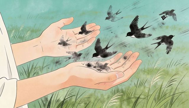 Cupped hands releasing swallows over meadow, ink-smudged watercolor freedom and flight
