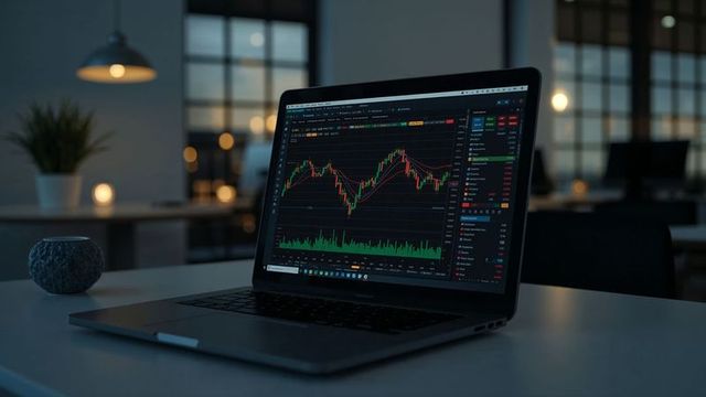 Evening trading session on laptop in modern office