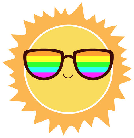 Sun with rainbow sunglasses smiling on transparent background