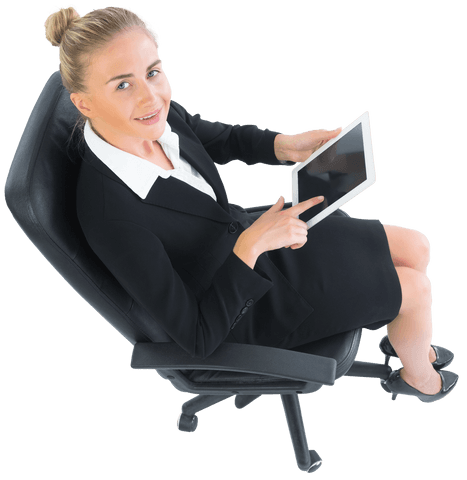 Transparent Businesswoman with Tablet on Swivel Chair Pointing Upwards
