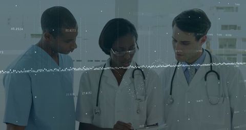 Medical Team Analyzes Records with Data Overlay