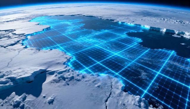 Satellite view showing neon-blue grid overlaying polar ocean and ice shelves for mapping