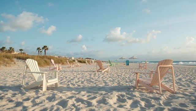 Empty Adirondack Chairs on Serene Beach