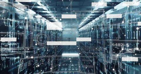 Futuristic Data Center Corridor and Digital Interface Overlays