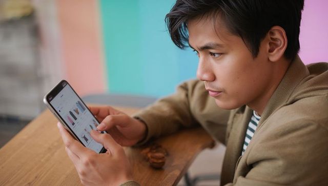 Young man shopping on clothing app in urban cafe setting