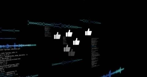 Dynamic thumbs-up icons on digital code background