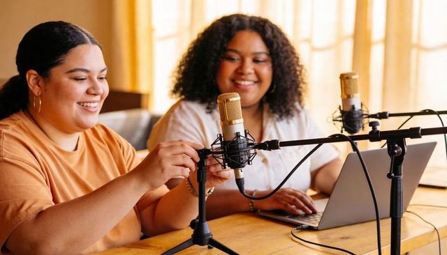 Two hosts podcasting together at home adjusting gold microphone and working on laptop