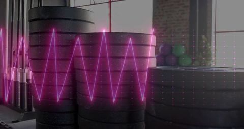 Stacking Weight Plates with Neon Pink Waveform Overlay in Industrial Loft Gym Interior
