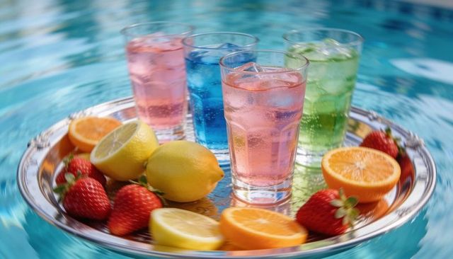 Floating tray with colorful fizzy drinks and citrus over turquoise pool