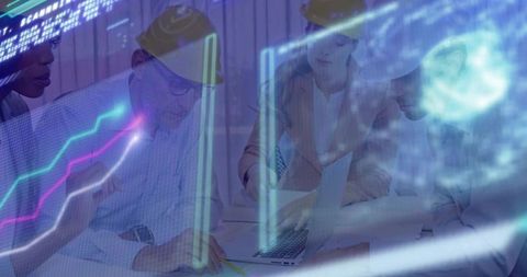 Engineering team collaborating over plans with laptop and futuristic data overlay