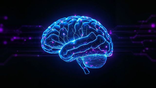 Futuristic 3D Brain with Glowing Circuitry in Virtual Space