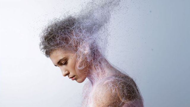 Ethereal woman dissolving into pastel filaments and particles, introspective portrait