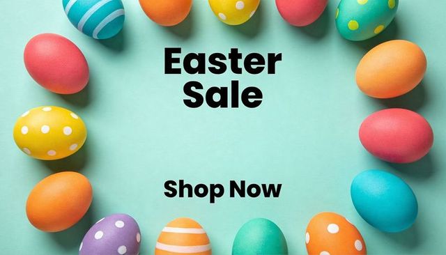Easter sale banner framing colorful painted eggs on mint-teal background