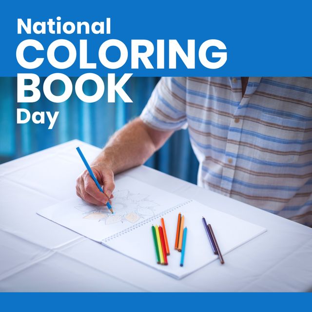 Senior man is engaging in coloring activity using colored pencils. Highlights National Coloring Book Day. Ideal for promoting creative hobbies among seniors, celebrating special observances, or illustrating art therapy.