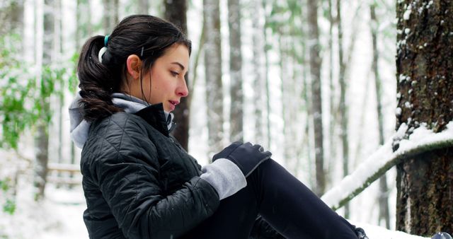 Young Woman Resting in Snowy Forest, Winter Outdoor Activity - Download Free Stock Images Pikwizard.com