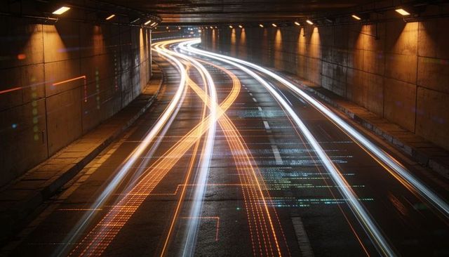 Curving light trails racing through wet concrete tunnel long exposure with digital streaks