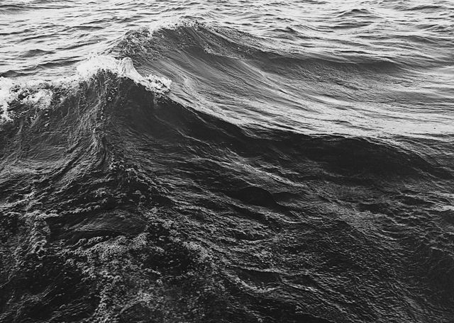 Monochrome wave of ocean water rolling from the open sea shows calm and serenity. Perfect for use in nature-focused content, marine-themed projects, backgrounds in presentations, relaxation and mindfulness visualizations, and artistic displays highlighting natural beauty.