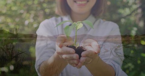 Smiling Woman Holding Seedling in Sunlit Forest for Eco-Friendly Lifestyle