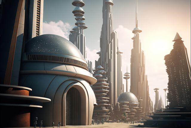 Futuristic cityscape featuring tall skyscrapers and sleek dome structures bathed in warm sunset light. Ideal for use in science fiction themes, future architecture displays, gaming backgrounds, or futuristic urban planning concepts.