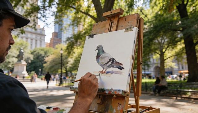 Artist painting realistic pigeon on canvas on wooden easel in sunny urban city park plein air