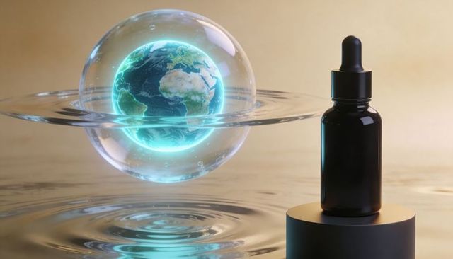 Glowing earth inside floating glass sphere with water ring beside black dropper bottle